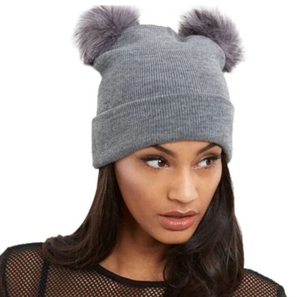 Women's Gray Double Fur Pompom Knitted Hat Book Lover Beanie - Picture 2 of 5